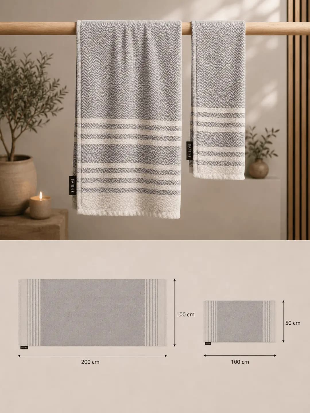 Bomulds håndklæde sæt 100×200 cm + 50×100 cm Grå